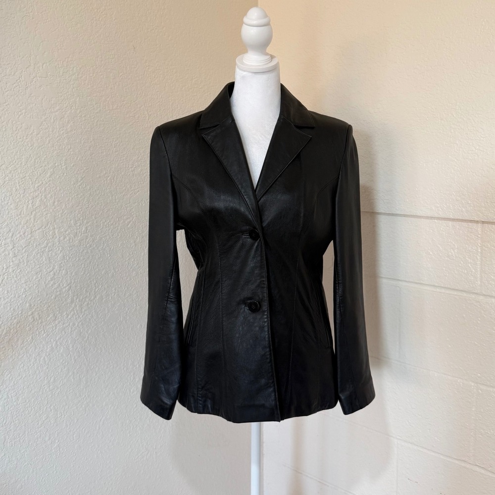 Pelle Studio Leather Blazer Jacket Womens Small Black 2-Button Wilsons Vintage
